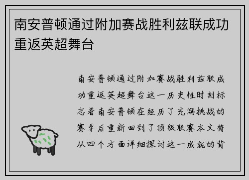 南安普顿通过附加赛战胜利兹联成功重返英超舞台